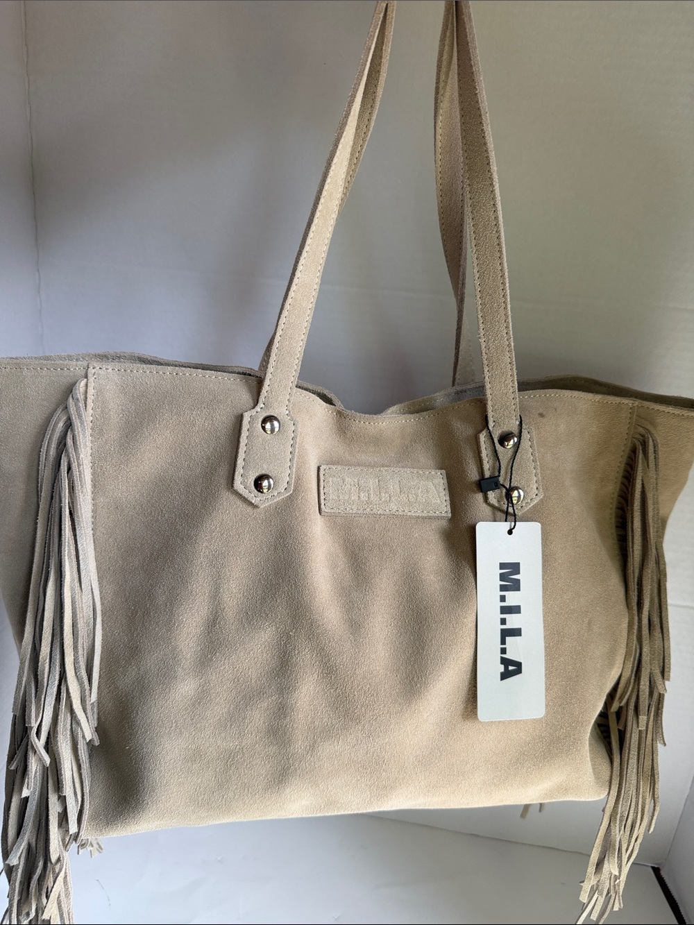 M.I.L.A. Genuine Suede Fringe Tote Bag NWT Boho Leather Beige